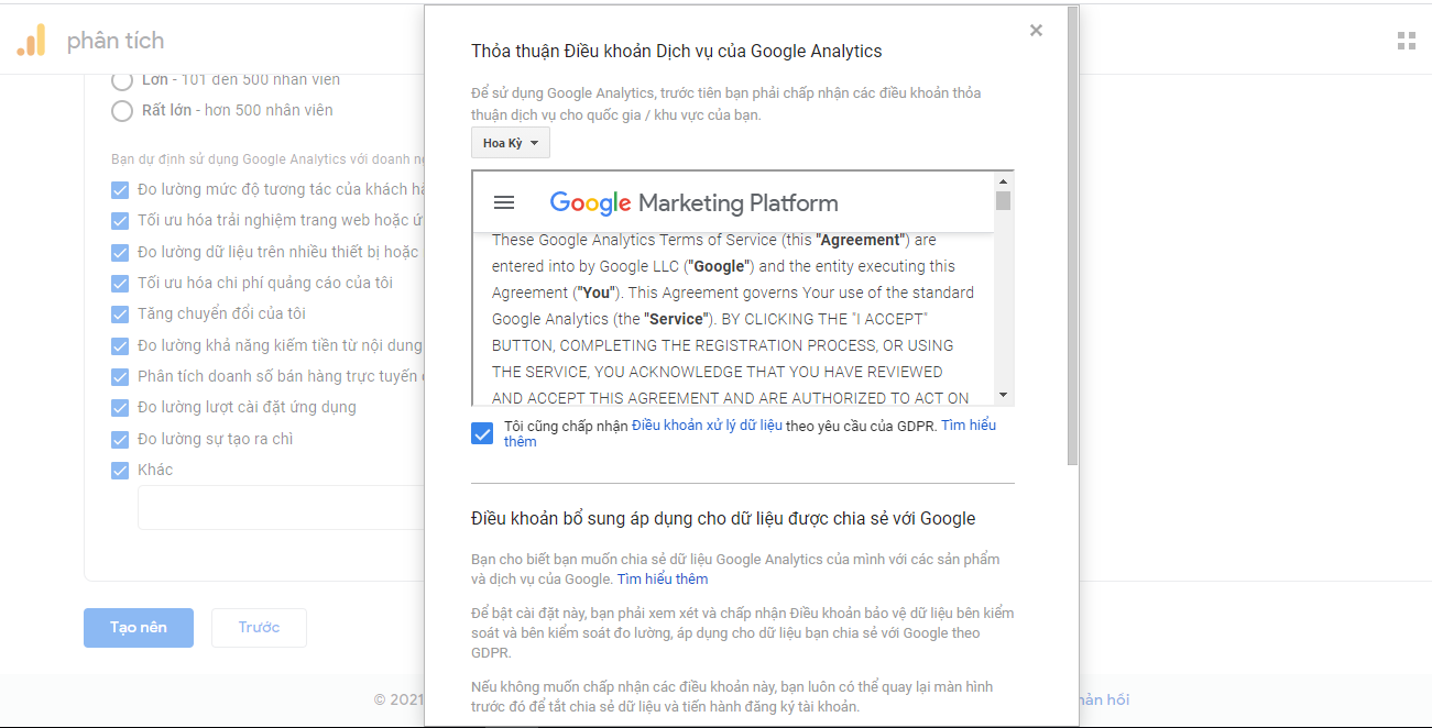 Chấp nhận thỏa thuận với Google Analytics