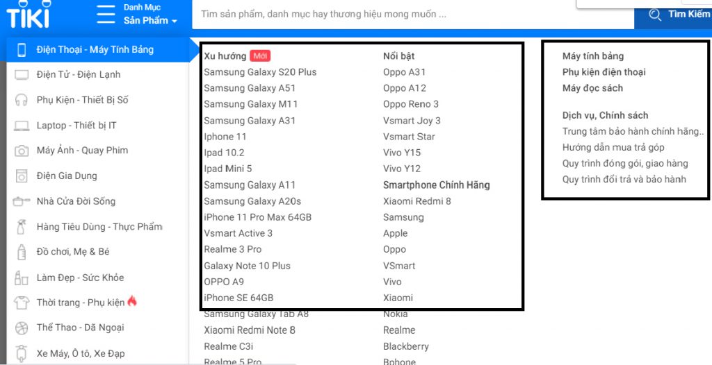 cấu trúc website của tiki.vn đáp ứng ý định của người dùng