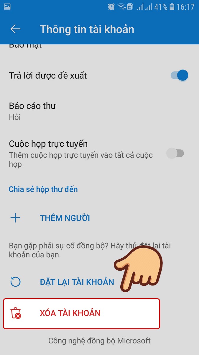 xóa tài khoản email trên Outlook bằng điện thoại