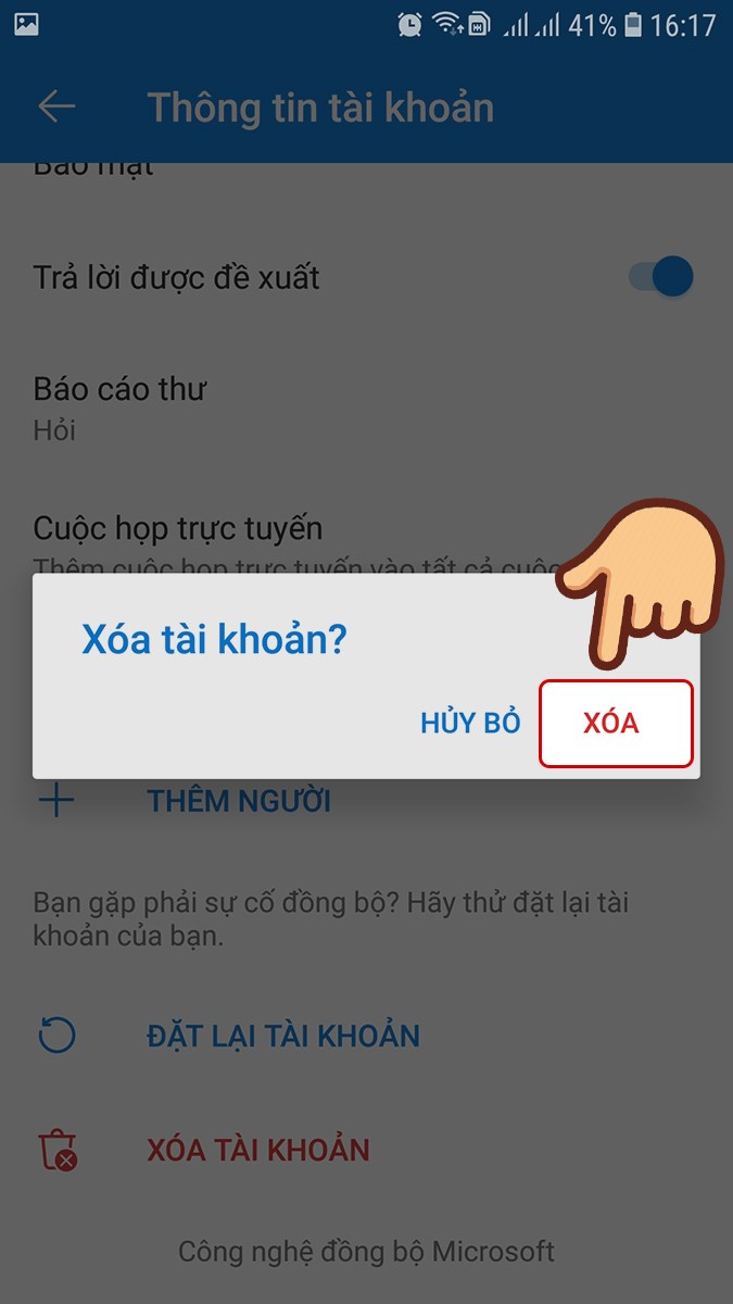 xóa tài khoản email trên Outlook bằng điện thoại